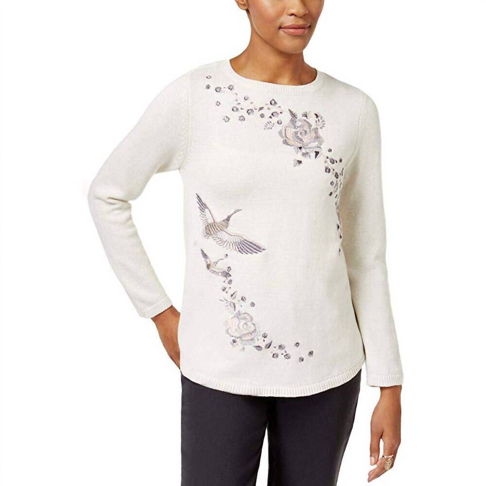 NEW STYLE & CO. embroidered cotton sweater in white heather combo